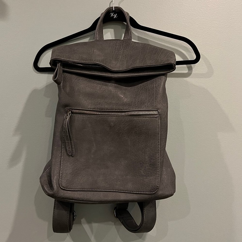 Slate Gray Zippered Vegan Leather Backpack